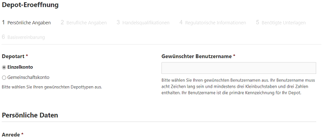 Banx Broker Online-Formular zur Depoteröffnung, Schritt 1: persönliche Angaben