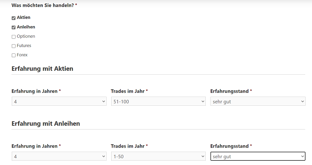 Banx Broker Online Formular, Abfrage von Anlagezielen und Erfahrungen des Anlegers