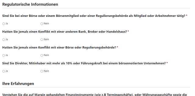 Banx Broker Online-Formular zur Abfrage von regulatorischen Informationen