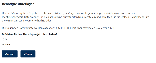 Banx Broker Kontoeröffnung: Kunden können auswählen, ob sie benötigte Unterlagen hochladen wollen