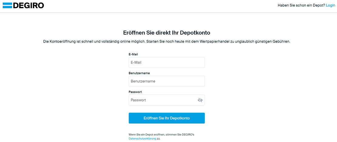 Screenshot DEGIRO Anmeldung
