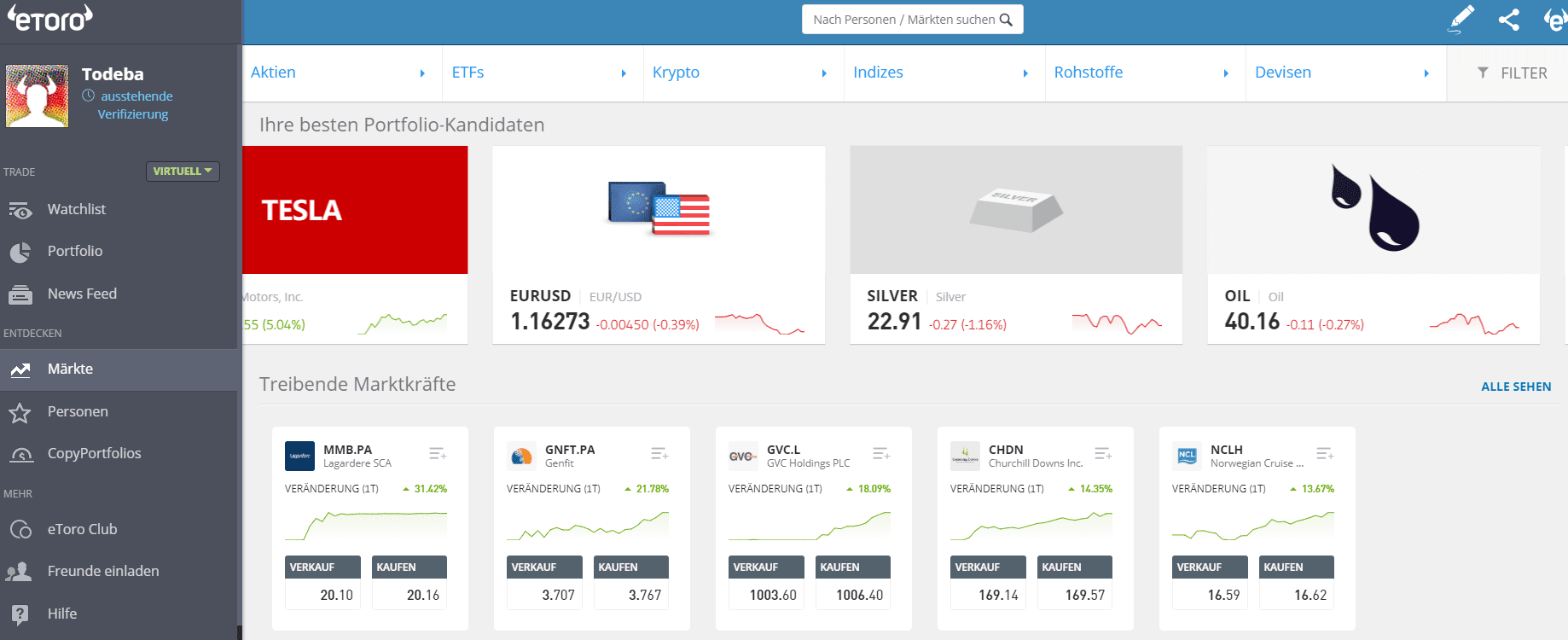 Das Demokonto von eToro zeigt handelbare Märkte an. - Startkapital Aktienhandel