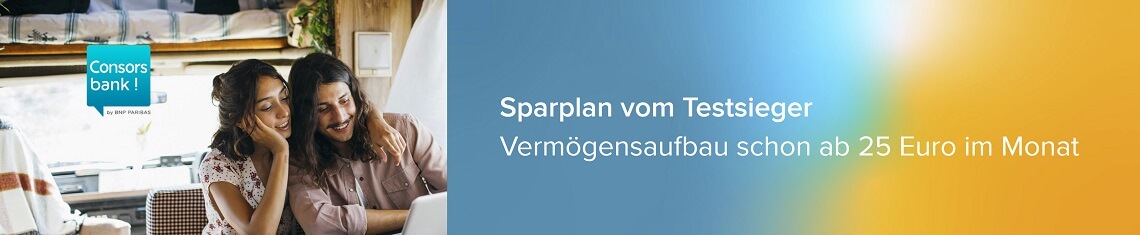 Auf der Hauptseite der Consorsbank werden die Vorteile der Aktien Sparpläne dargelegt.