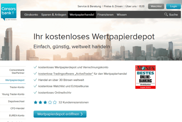 Consorsbank bietet ein kostenloses Wertpapierdepot
