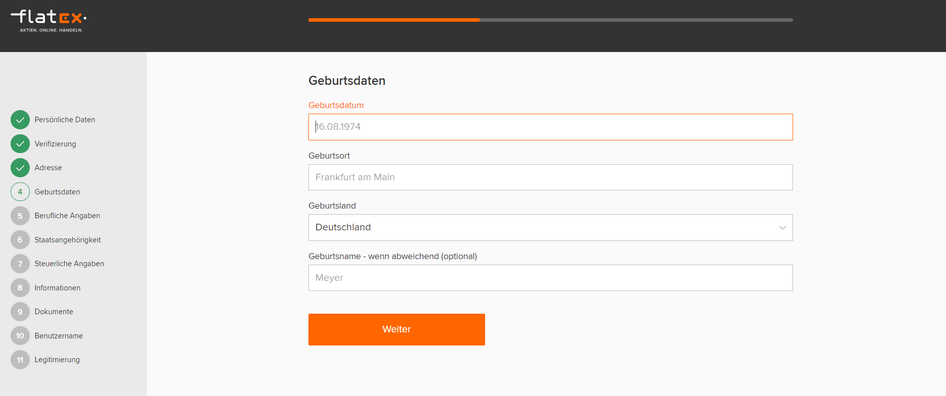 flatex Anmeldeformular Adresse und Geburtsdatum eingeben
