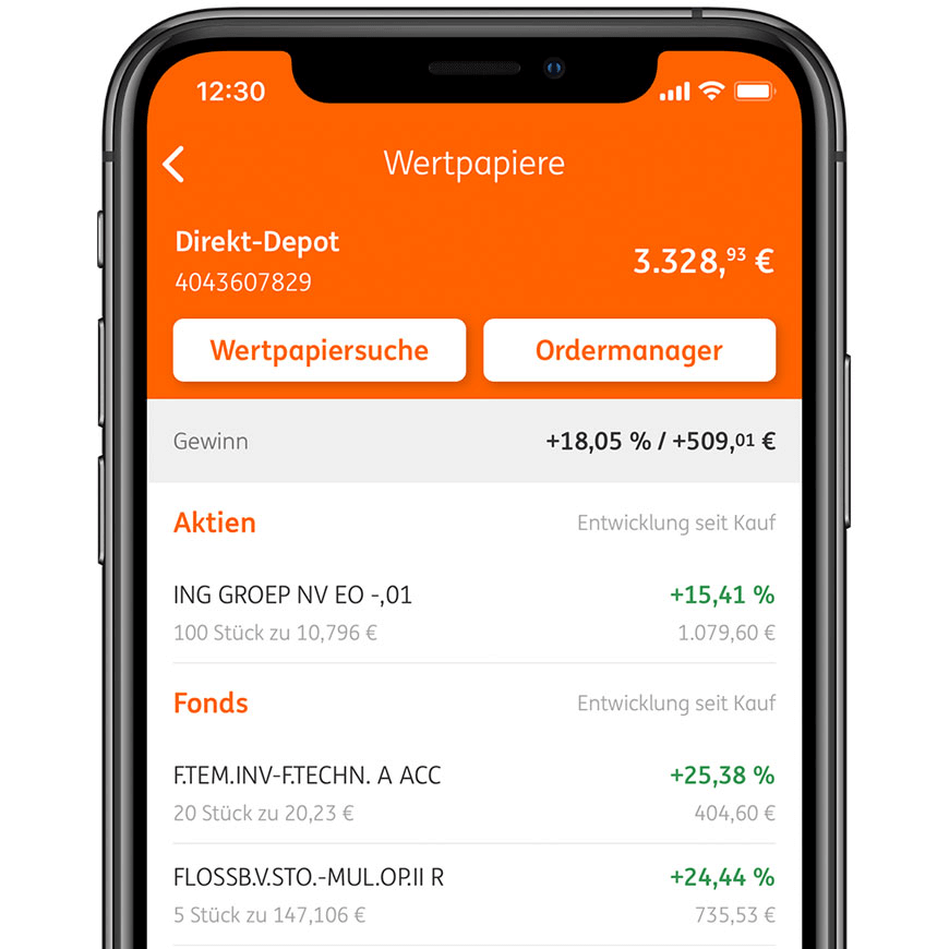 Übersicht über alle Wertpapiere in der ING Banking to go App - Bestes Aktiendepot für Studenten