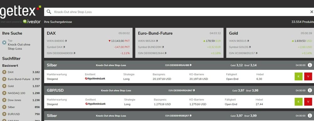 Blick auf den Zertifikate Finder ivestor der Börse Gettex, wo jeweilige Suchergebnisse angezeigt werden. - Turbo Zertifikate