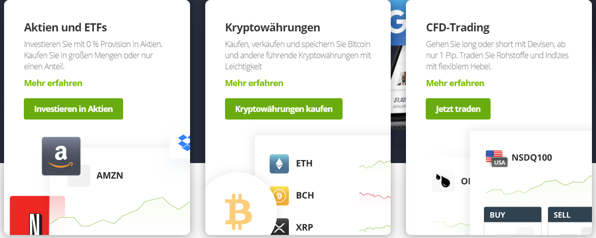 Auf der etoro homepage werden die Handelsmöglichkeiten von Aktien bis CFDs gezeigt. - Daytrading