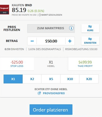 eToro Homepage - Order abschließen - CFD Trading