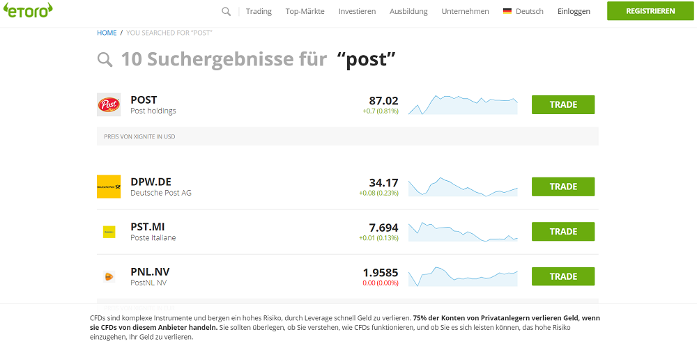 Übersicht über Suchergebnisse für "Post" bei eToro