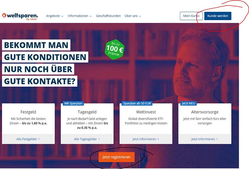Oben rechts ist deutlich der Button „Kunde werden“ zu sehen - Weltsparen Geldanlage Erfahrungen