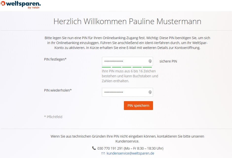 Ein eigener PIN soll erdacht und eingegeben werden. - Weltsparen Geldanlage Erfahrungen