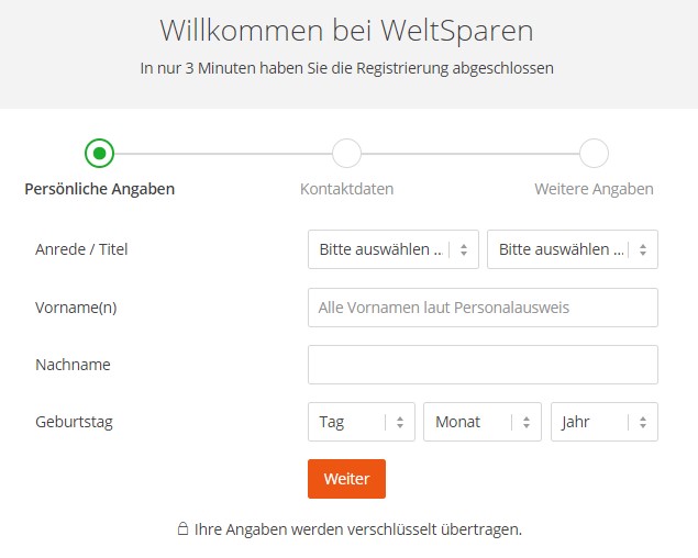 Die erste Seite der Persönlichen Angeben. - Weltsparen Geldanlage Erfahrungen