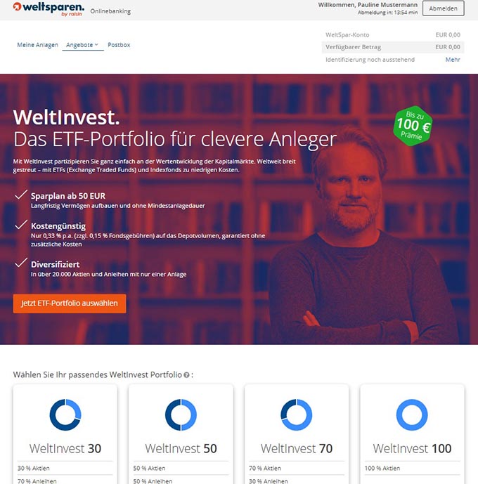 Die 4 möglichen WeltInvest ETF-Portfolios werden zur Auswahl angezeigt. - Weltsparen Geldanlage Erfahrungen