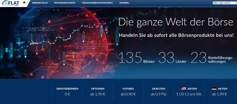 Der Broker FXFlat lädt Betrachter zum Handeln von Börsenprodukten weltweit ein.