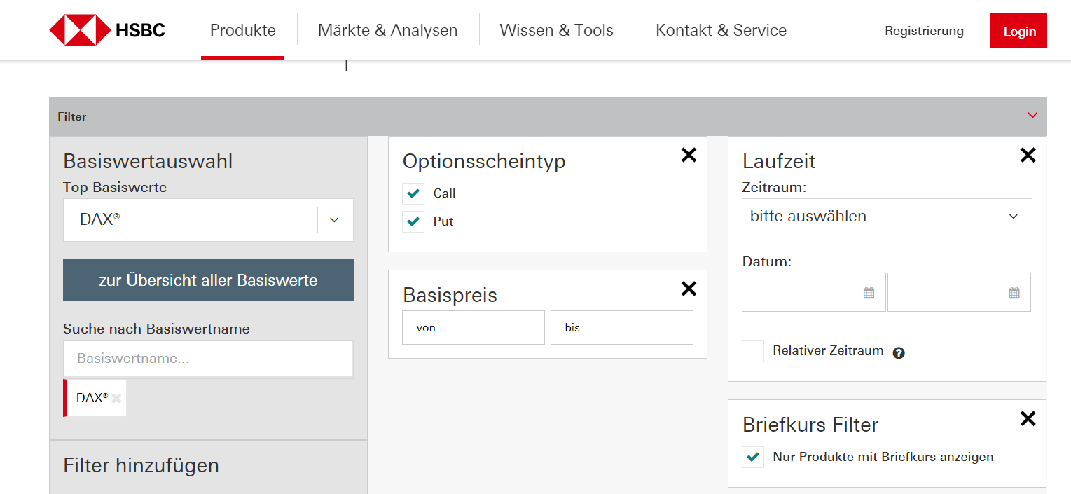 HSCB Produkte auf der Webseite - Call & Put Optionsscheine