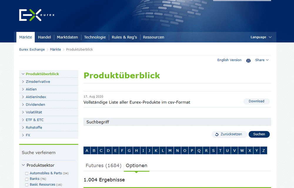 Zu sehen ist auf der Eurex Webseite ein Produktüberblick des Handelsangebots Optionen und Futures