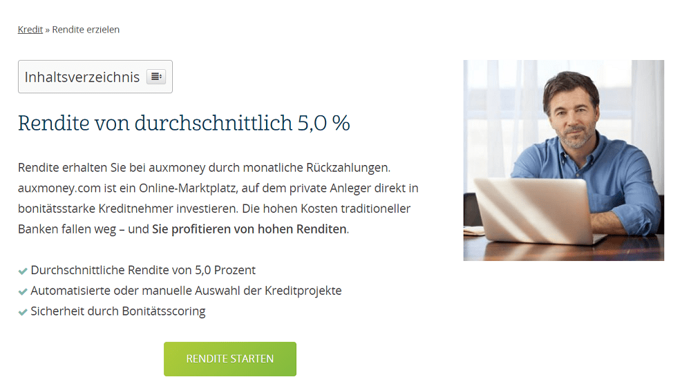 Auxmoney Homepage Rendite von durchschnittlich 5%