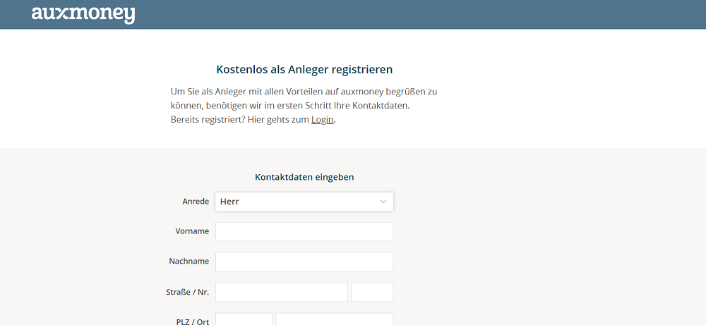 auxmoney Anmeldung - Schritt 1