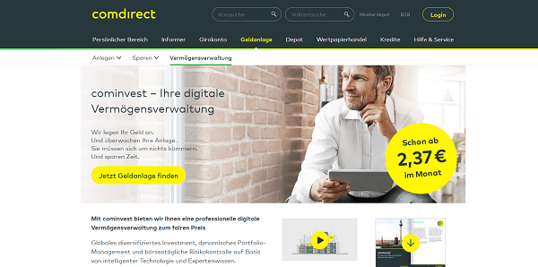 cominvest Robo-Advisor auf der comdirect Homepage