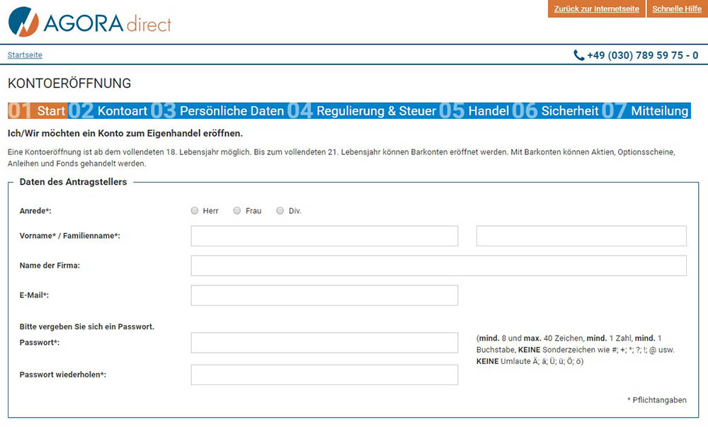 Agora Kontoantrag starten - AGORA direct Erfahrungen