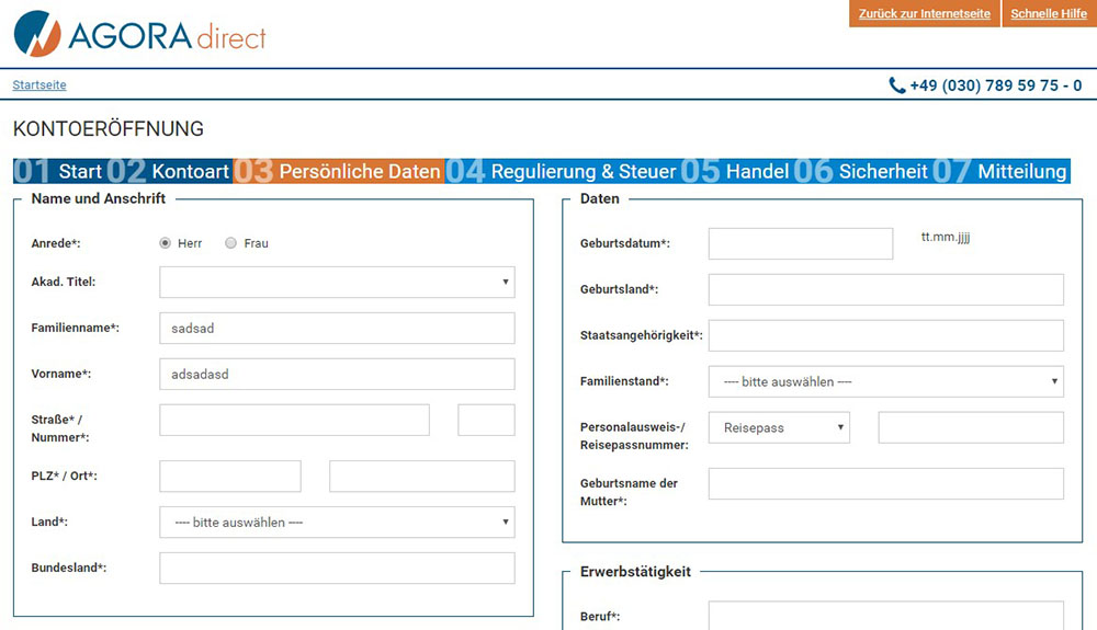 Agora Persönliche Daten eingeben - AGORA direct Erfahrungen