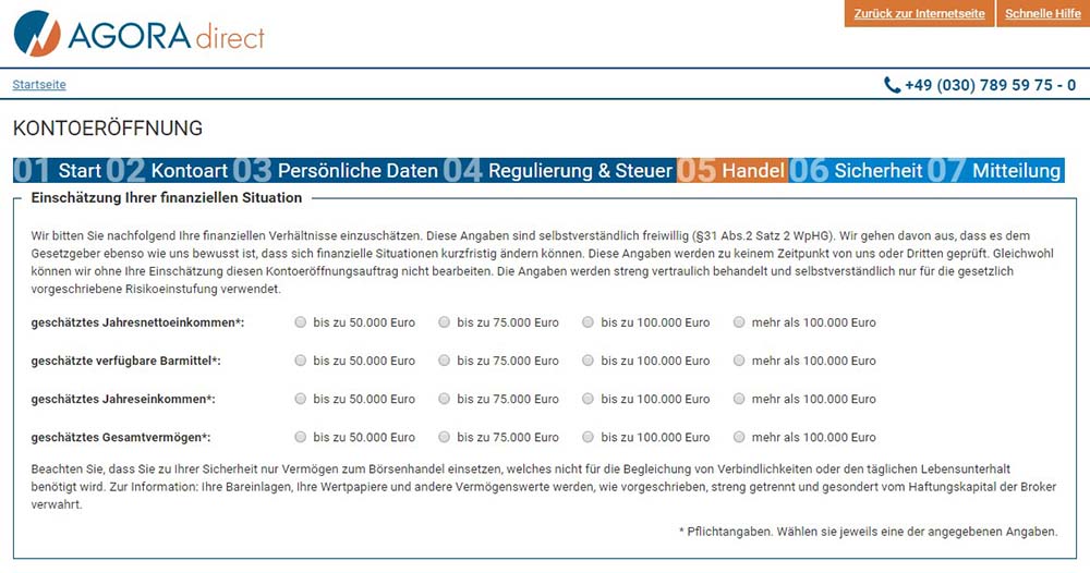 Agora Finanzielle Situation, Handelserfahrung und Kontowährung - AGORA direct Erfahrungen