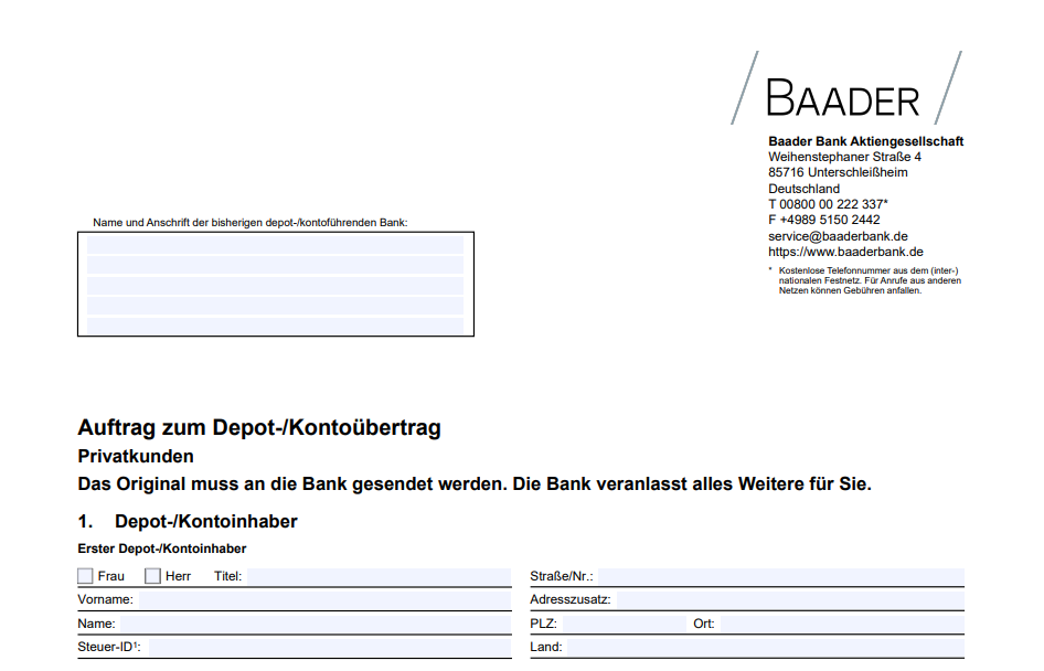 Auftrag zum Depotübertrag Baader