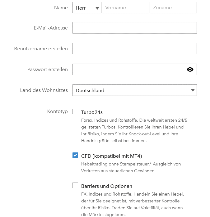 Registrierung bei IG Online Formular zur Konto-Erstellung