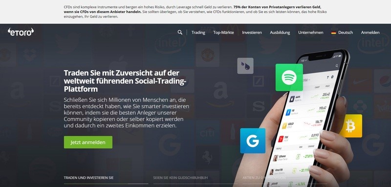 Webseite der Social Trading Plattform eToro