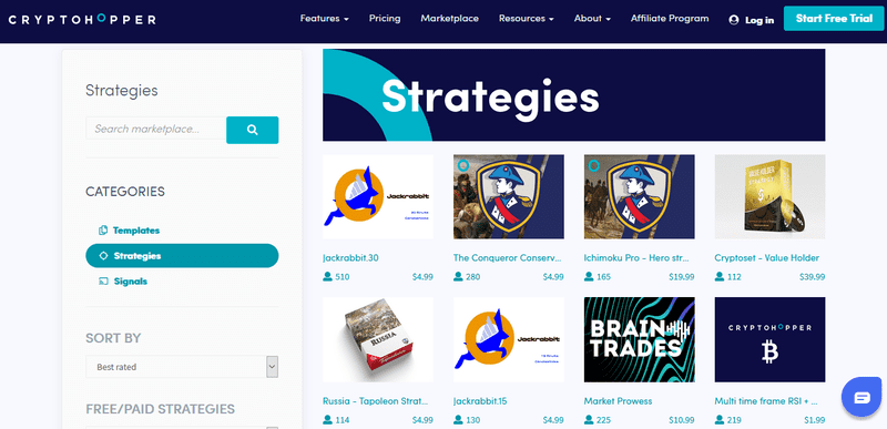 Cryptohopper Homepage mit einer Auswahl an Kaufstrategien
