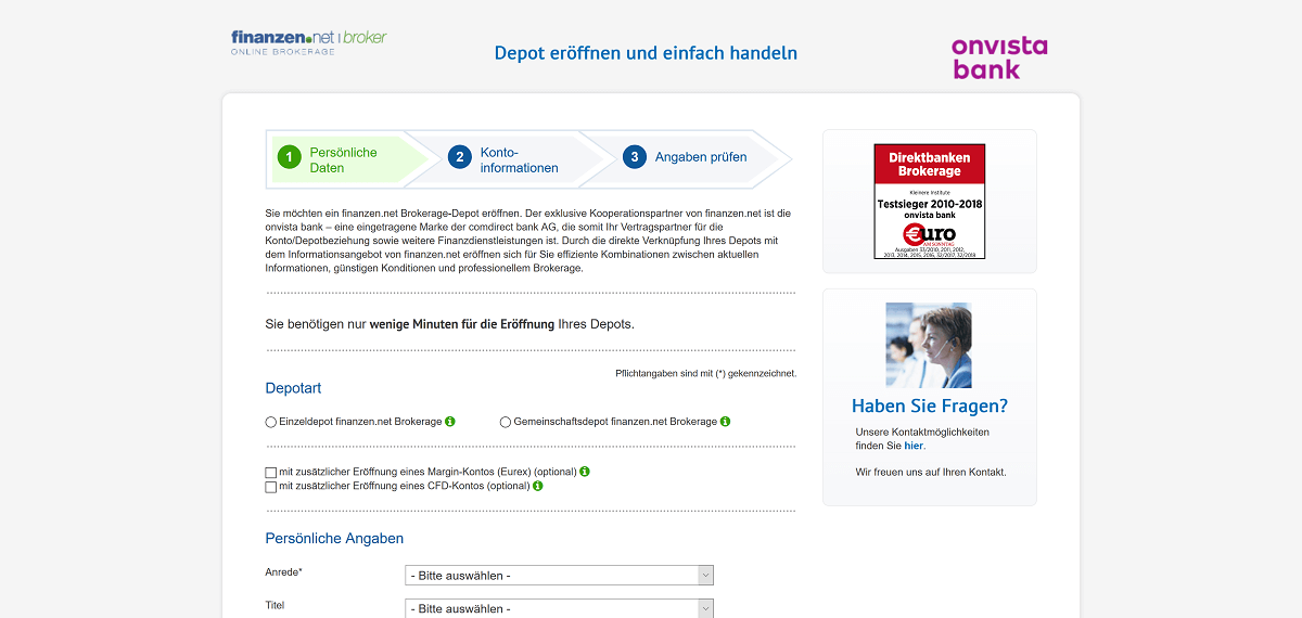 Es wird ein Online-Formular für die finanzen.net Broker Depot Eröffnung gezeigt