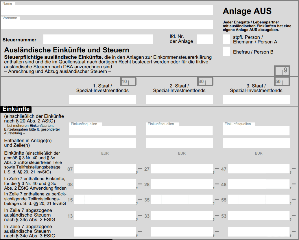 Anlage AUS bei Steuererklärung