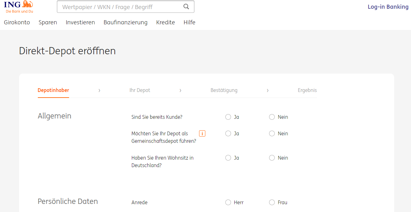 Zu sehen ist ein Onlineformular, mit dem bei der ING ein Direkt-Depot eröffnet wird. - ING Wertpapier Sparplan