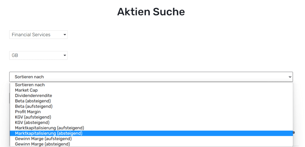 Aktien.net Aktien-Suche Dropdown Menü