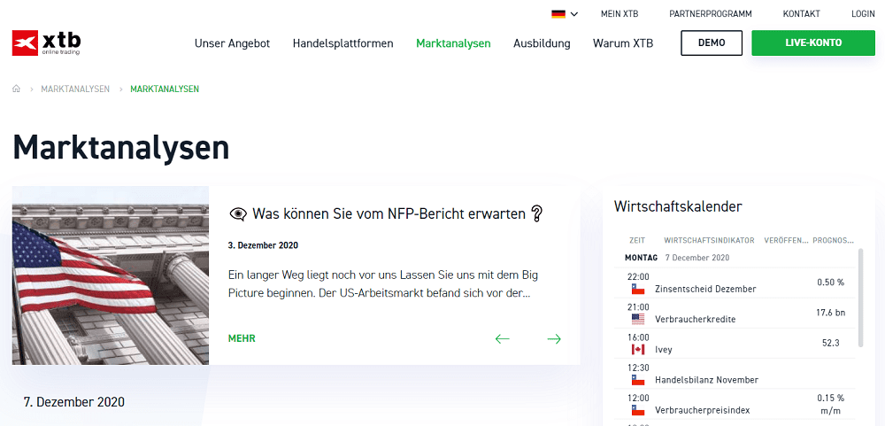 Homepage vom xtb Broker