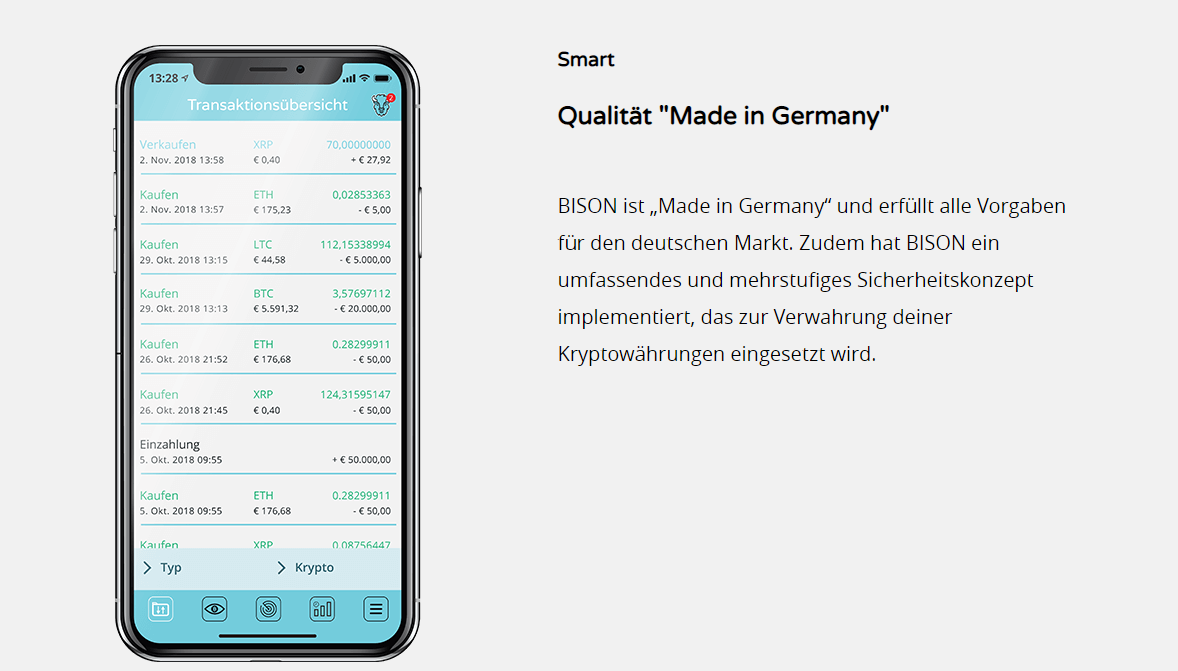 Das Bild zeigt die BISON Transaktionsübersicht auf einem Smartphone-Display. - Bitcoin Wechselstube