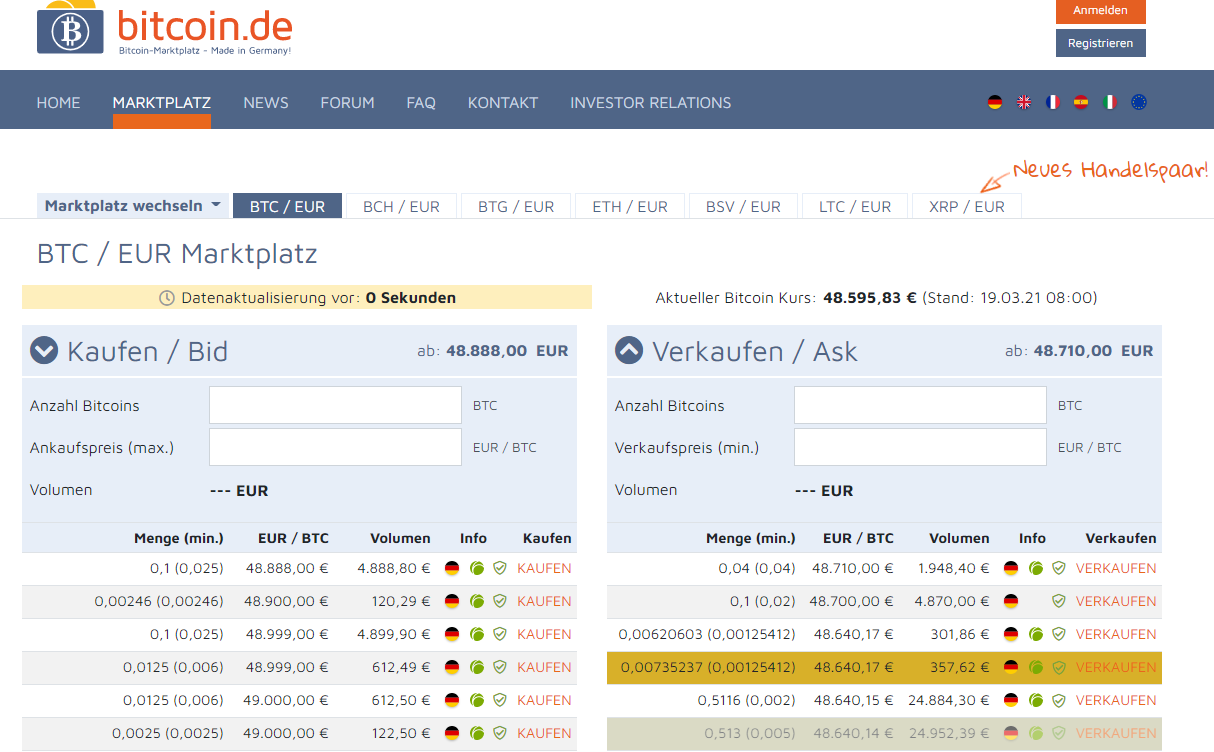 Gezeigt werden die Kaufen und Verkaufen Angebote auf dem BTC / Euro Marktplatz Bitcoin.de - Bitcoin Wechselstube