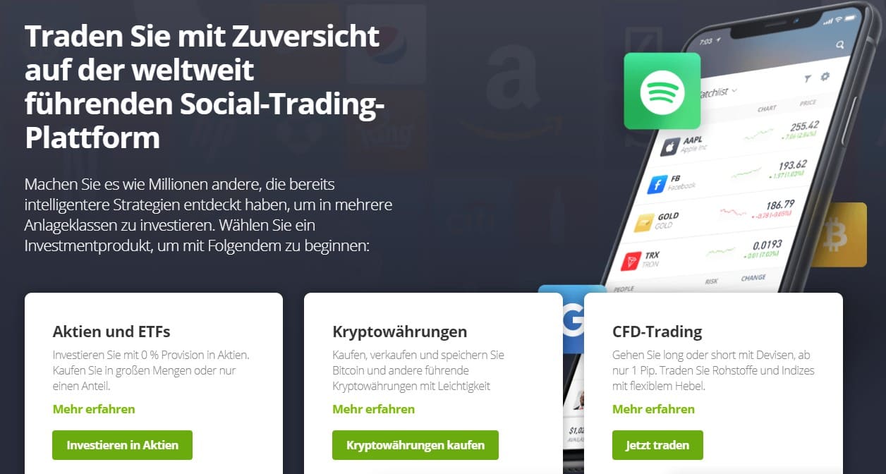 Das Bild zeigt die Hompepage von eToro, wo über Handelsmöglichkeiten auf der weltweit führenden Social Trading Plattform informiert wird