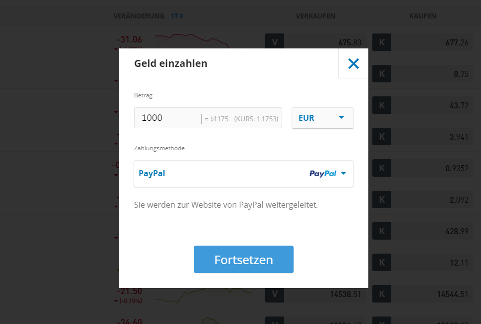 Geld einzahlen bei eToro funktioniert mit PayPal - Krypto Trading Plattformen