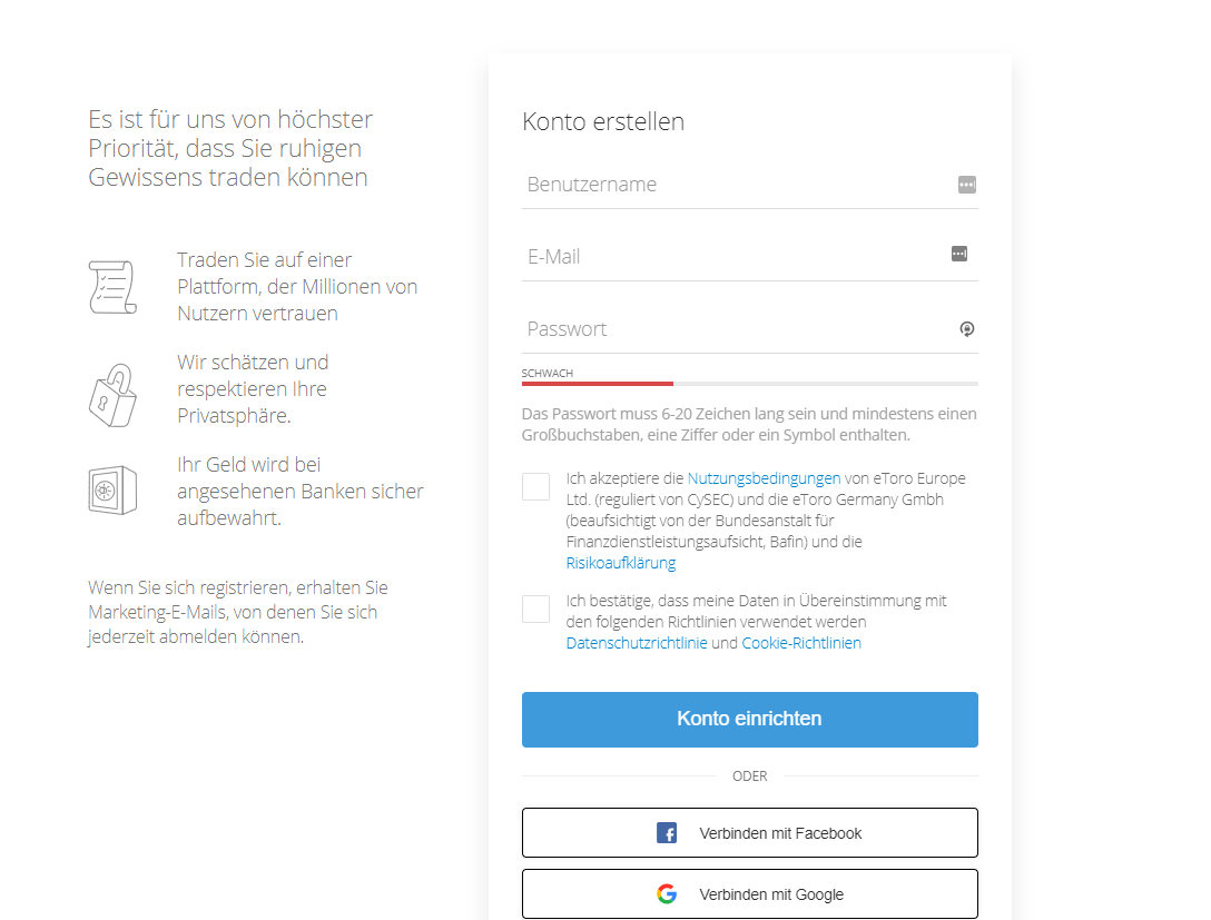 Gezeigt wird ein Online-Formular zur Anmeldung bei eToro - Krypto Trading Plattformen