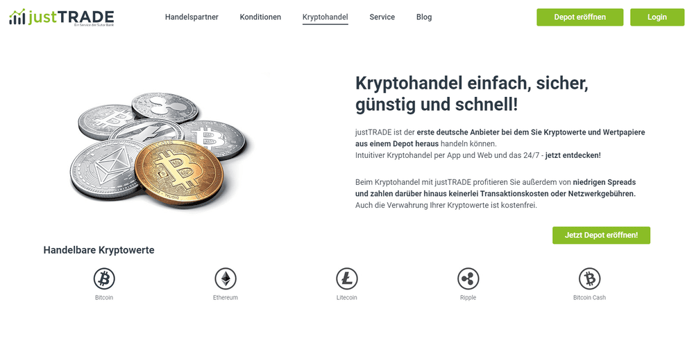 Bei justTRADE können Kunden einfach, sicher, günstig und schnell mit Bitcoin & Ethereum handeln und in Euro umtauschen