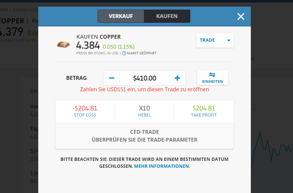 Die Grafik zeigt einen Kaufauftrag bei eToro für Rio Tinto Aktien im Wert von 210 USD