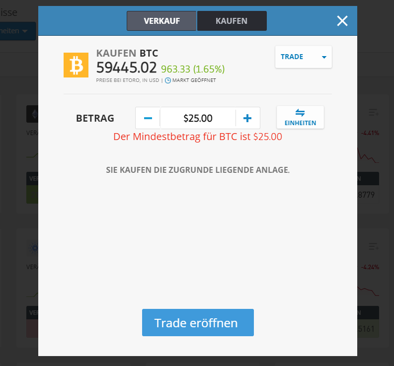 Eine Grafik Trade eröffnen zeigt die Konditionen (Preise bei eToro, Betrag) beim Bitcoin kaufen 