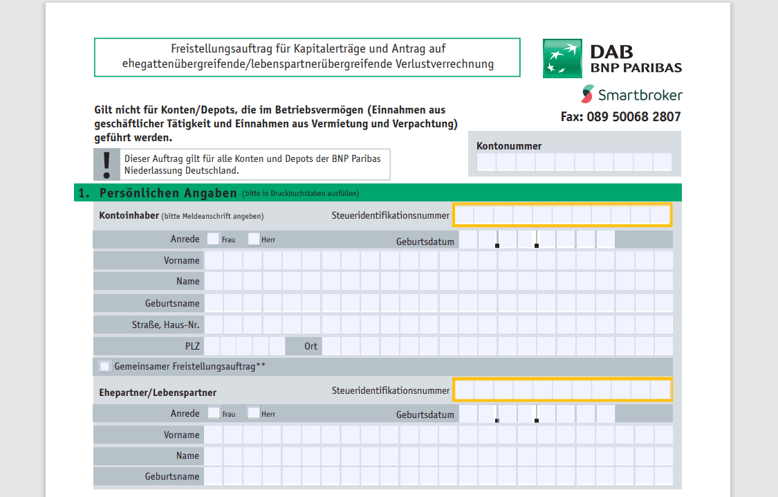 DAB BNP Paribas Freistellungsantrag - Depot eröffnen