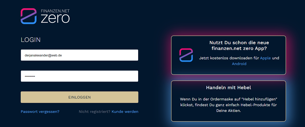 Screenshot der Login-Seite des ehemaligen Gratisbroker