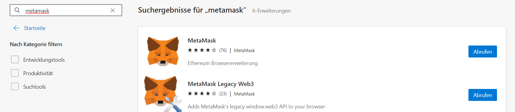 Metamask Erweiterung - Microsoft Edge