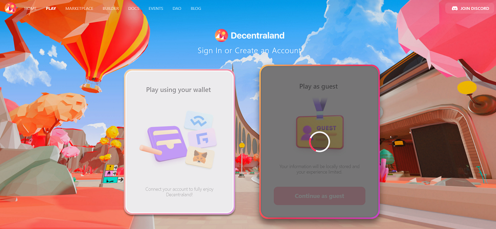 Das Bild zeigt die Startseite von Decentraland mit der Auswahl, ob als Gast oder mit einer Anmeldung gespielt werden solll.