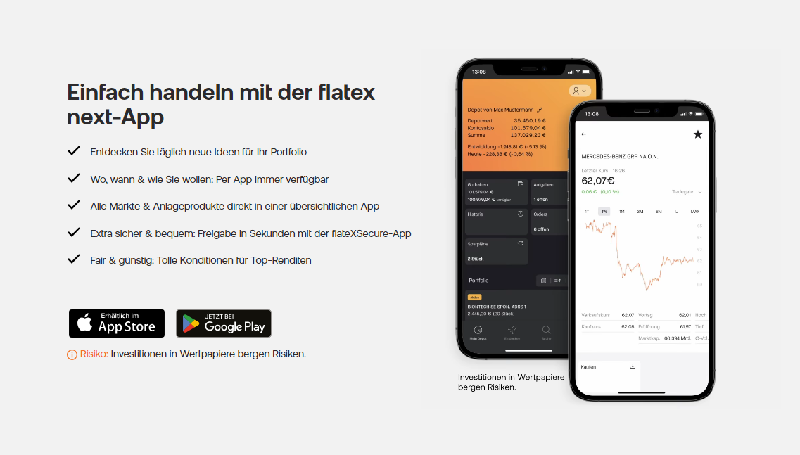 Mobiler Handel mit flatex next App - Abbildung eines Mobiltelefons